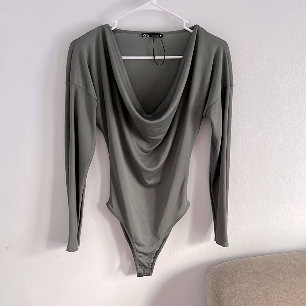 Zara Sage Green Cowl Neck Long Sleeve Bodysuit